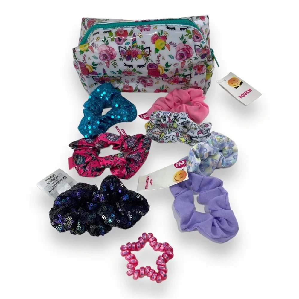 Baby Girl hair accessories lot scrunchie Bundle Lot of 9 and Pouch